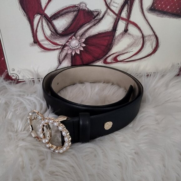 Vince Camuto Statement Belt Pearl Rhinestone Double Circle Buckle Black NWOT M/L - Picture 3 of 5